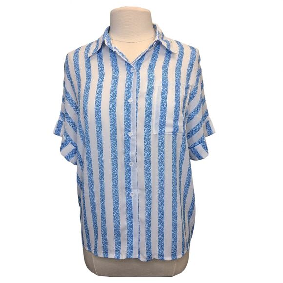 Womens Blue White Striped Print Batwing Sleeve Pocket Blouse Top S - Picture 6 of 11